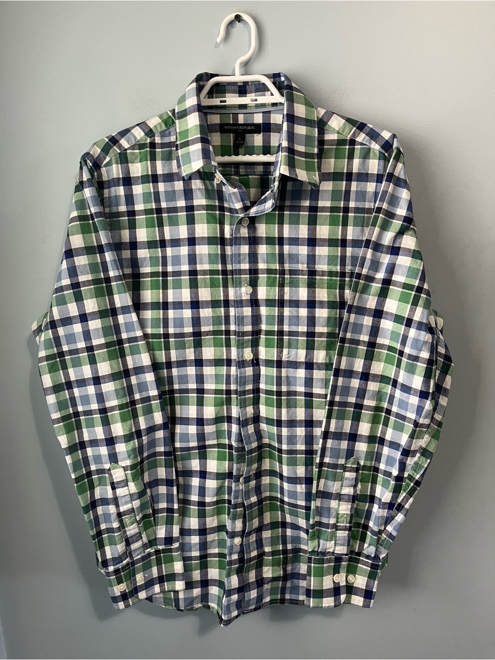 Banana Republic Green & Blue Plaid Button-Up 100% Cotton Shirt Size L